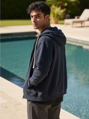 Buck Mason Full Zip Hoodie Navy Blue Cotton Mens Classic USA Style